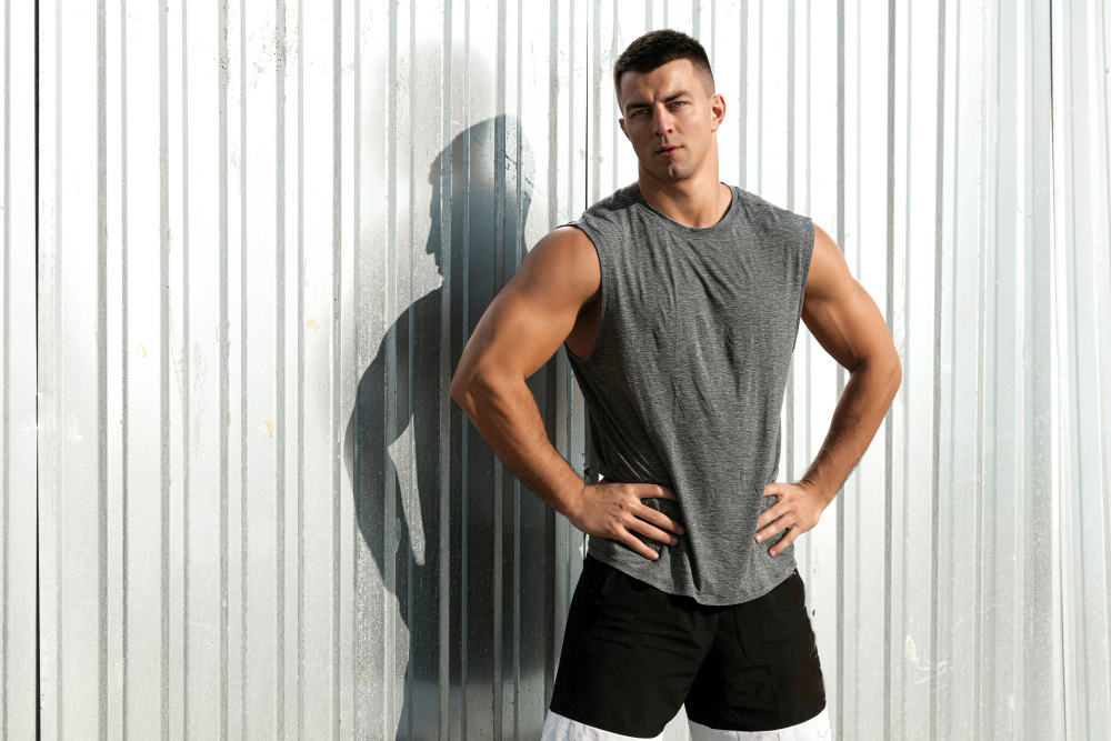 homem de boa musculatura retrato de homem bonito atleta fitness posando ao ar livre Transformando seu exercício: guia completo para escolher os melhores looks para treinar