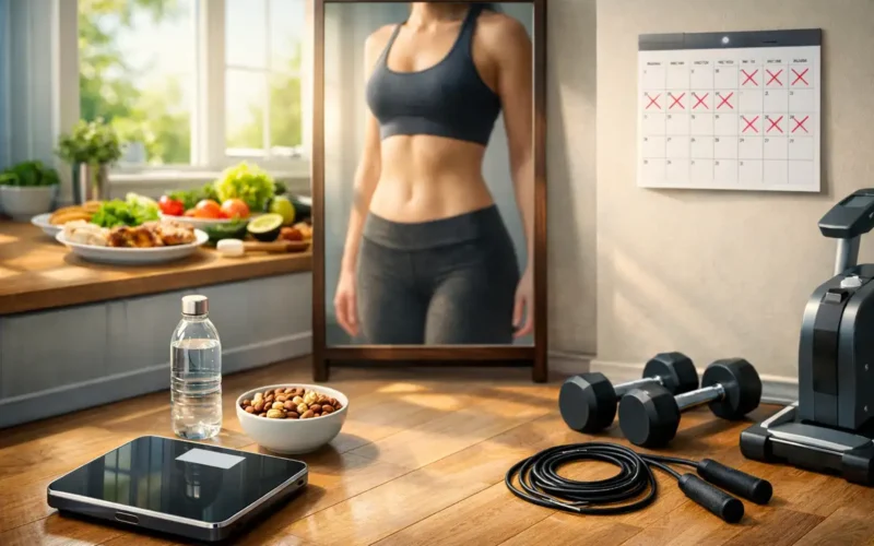 Ilustração sobre como perder barriga rapido: gráfico mostrando déficit calórico + treino para reduzir gordura abdominal e inchaço, sem queima localizada.