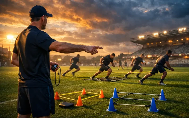 Imagem de jogadores de futebol durante treino/partida, destacando o tema do preparo físico. O preparo físico no futebol impacta nos jogadores do Athletico e outros time, com foco em lesões e condicionamento.